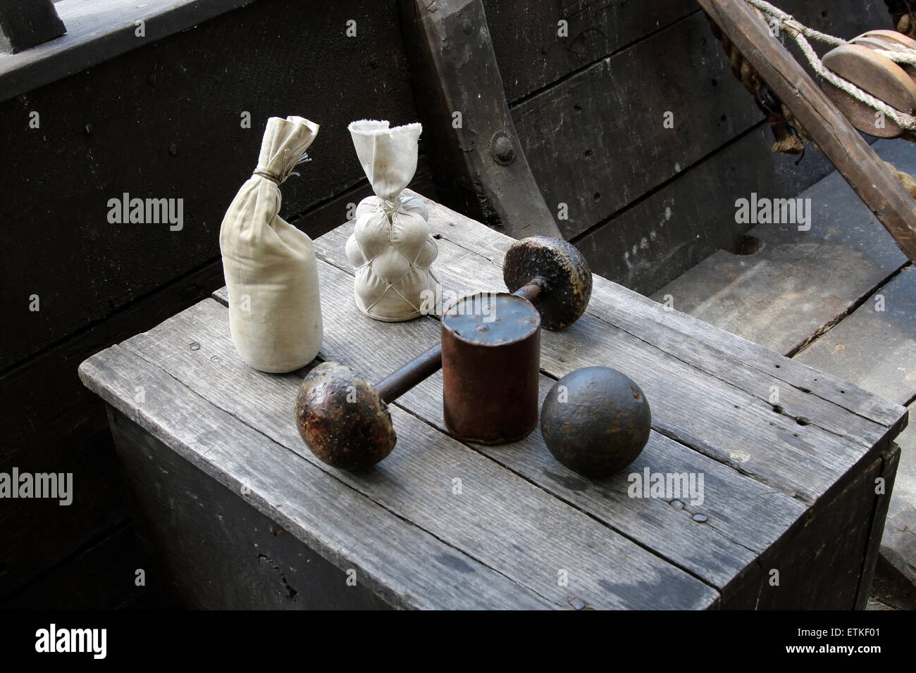 Les munitions utilisées sur la canonnière Philadelphia II replica 1776 Guerre d'Indépendance Américaine Banque D'Images