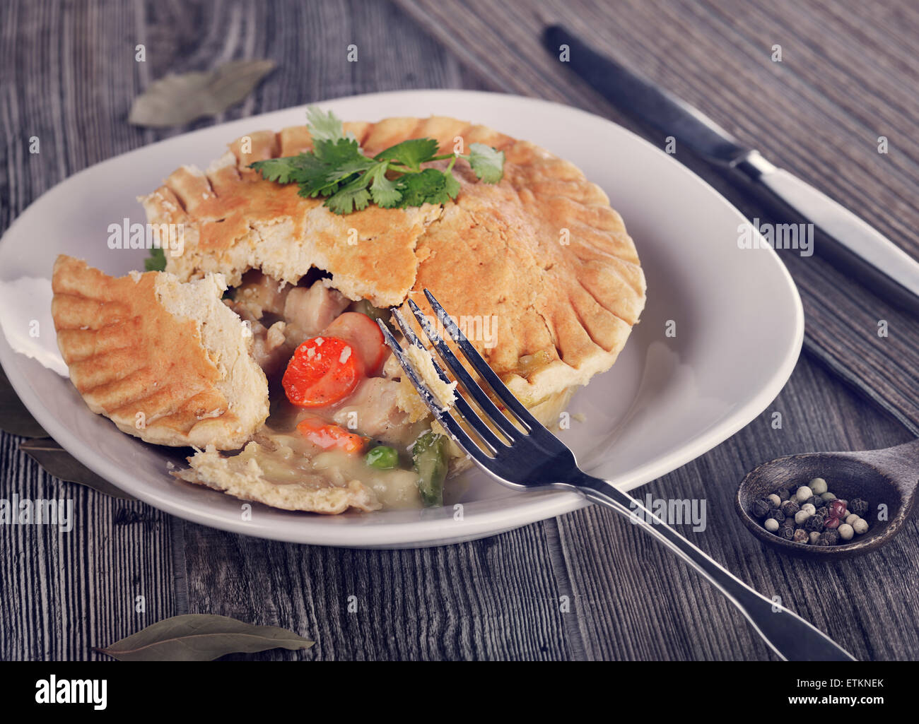 Tourte au poulet dans une assiette Banque D'Images