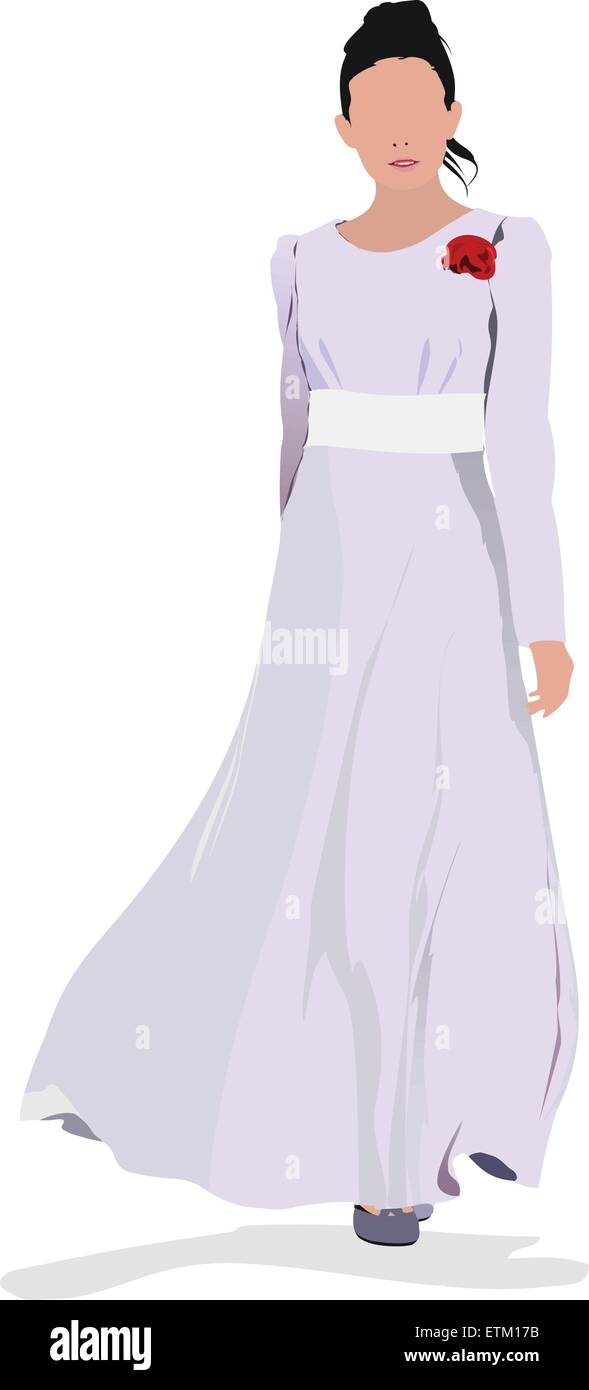 Belle jeune fille en robe blanche sur fond blanc. Vector illustration Illustration de Vecteur