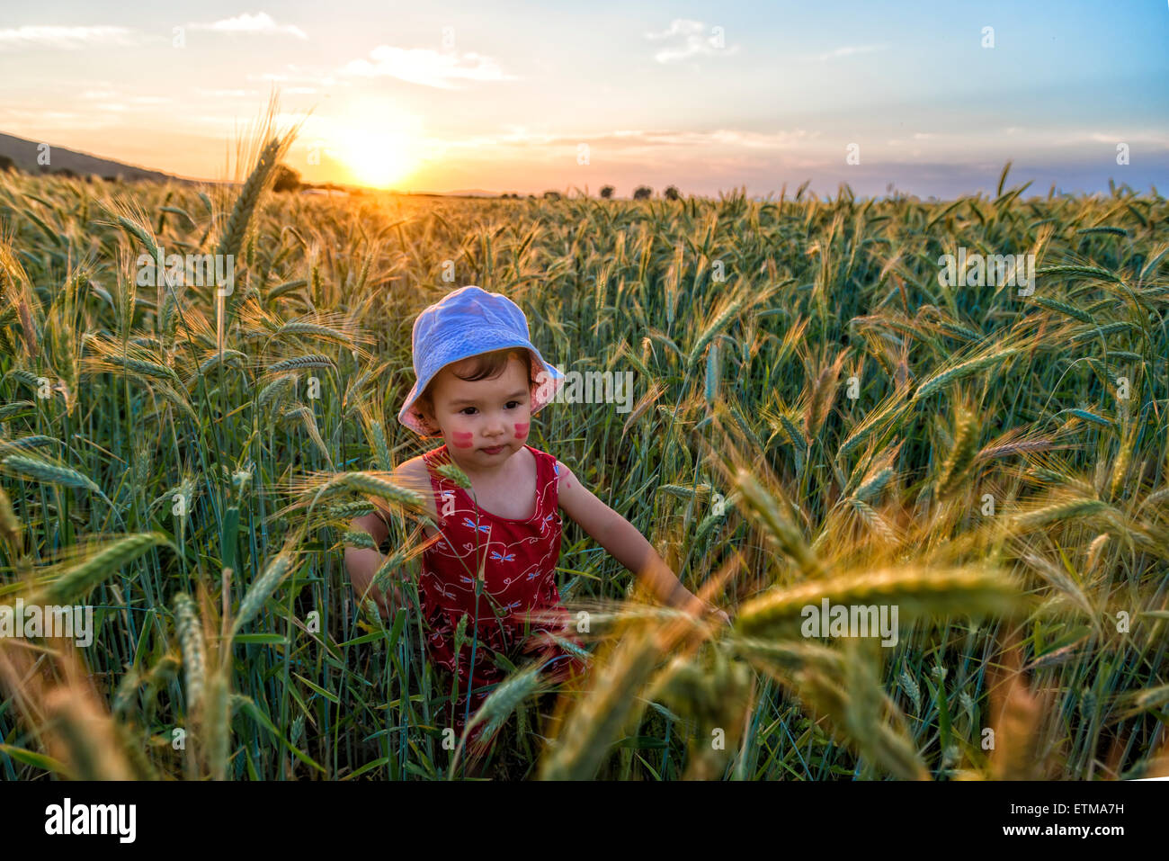 Portrait d'une petite fille jouant dans un champ de blé Banque D'Images