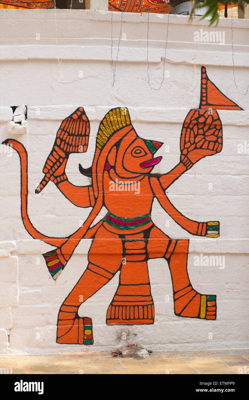 Dieu indien Hanuman. Peinture stylisée sur un mur. Jaisalmer, Inde Banque D'Images
