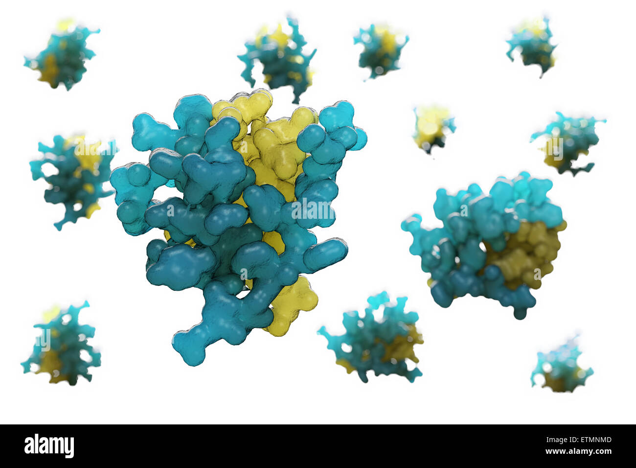 Illustration stylisée de 2HIU l'insuline, une hormone qui provoque l'absorption de glucose, dans le cadre du métabolisme. Banque D'Images