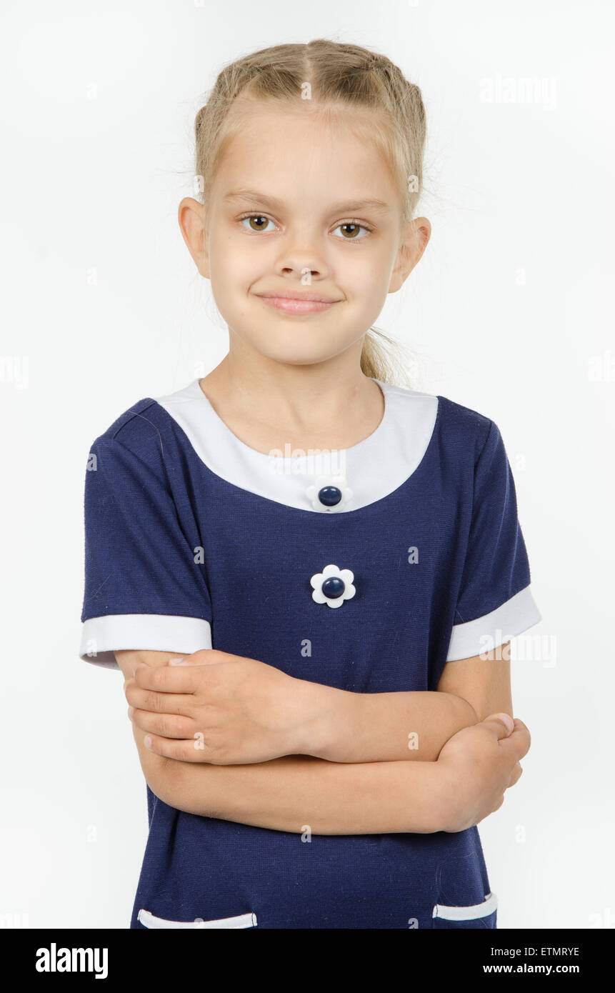 Portrait de mi-longueur cheerful dates in six ans fille européens Banque D'Images