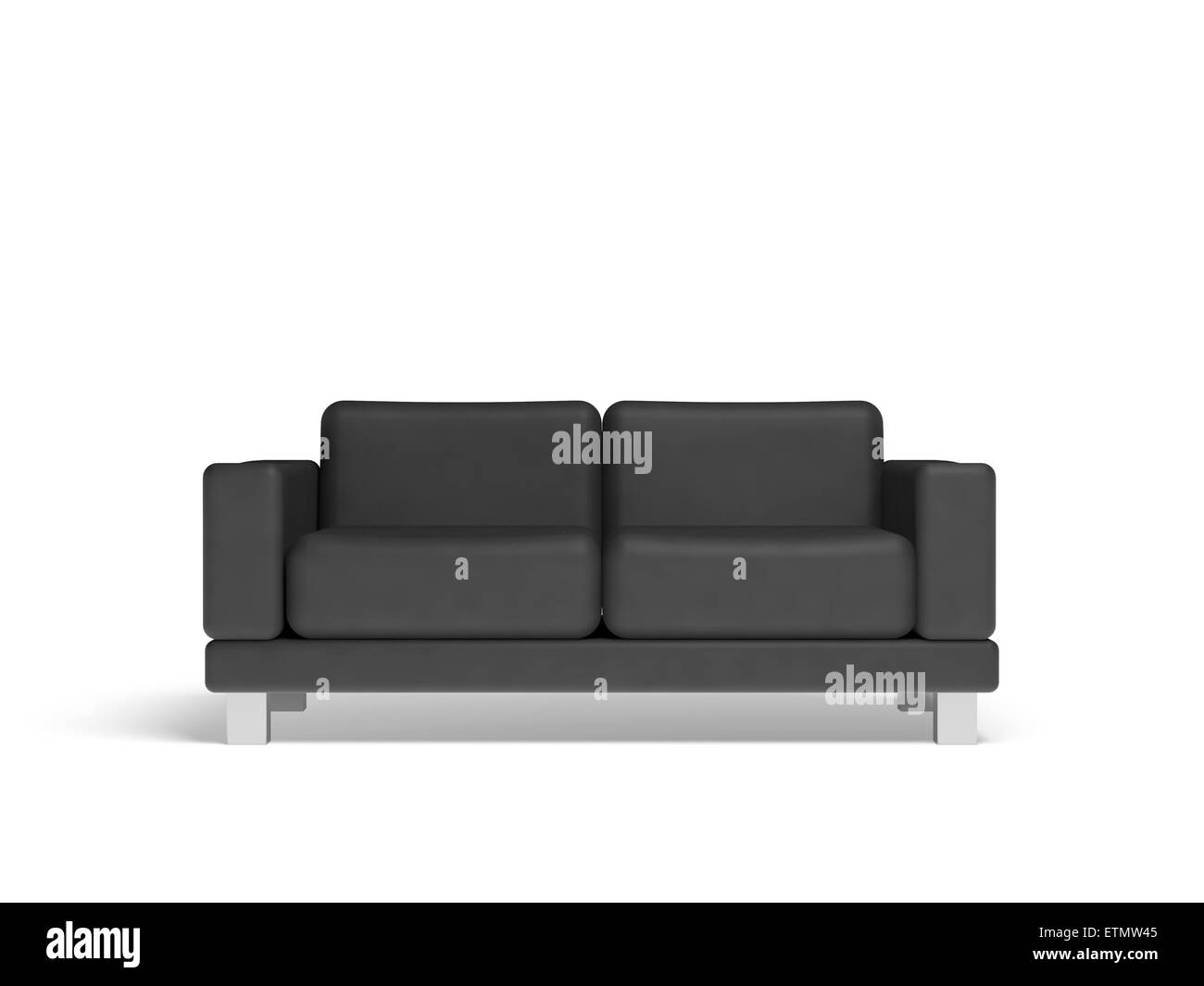 Canapé noir isolé sur fond blanc intérieur vide, 3d illustration, vue avant Banque D'Images