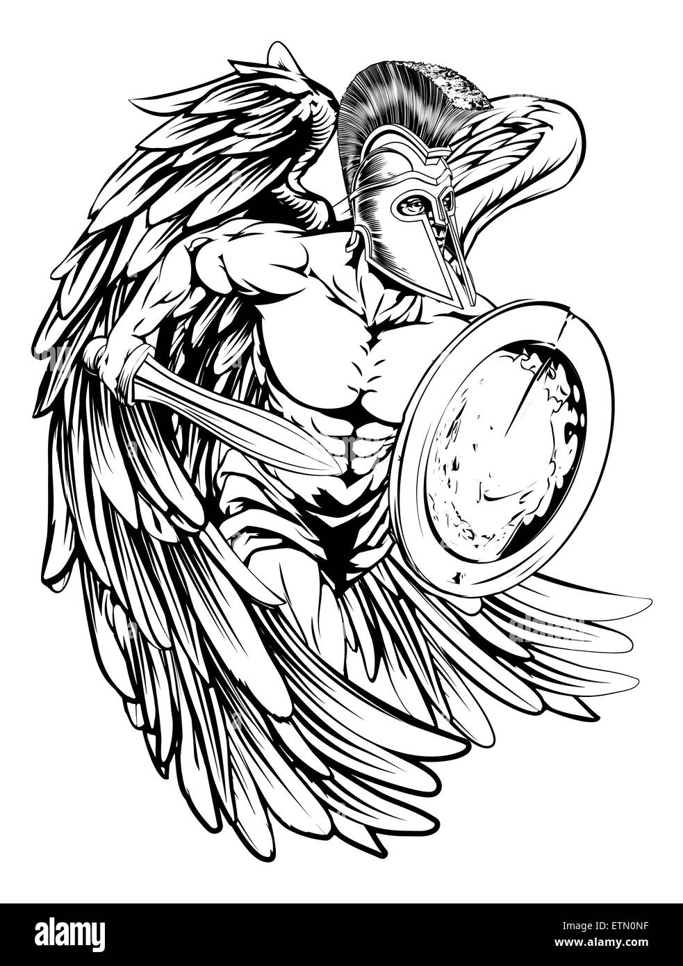Une illustration d'un ange guerrier ou caractère mascot sport dans un cheval de troie ou casque style spartiate, tenant une épée et un bouclier Banque D'Images