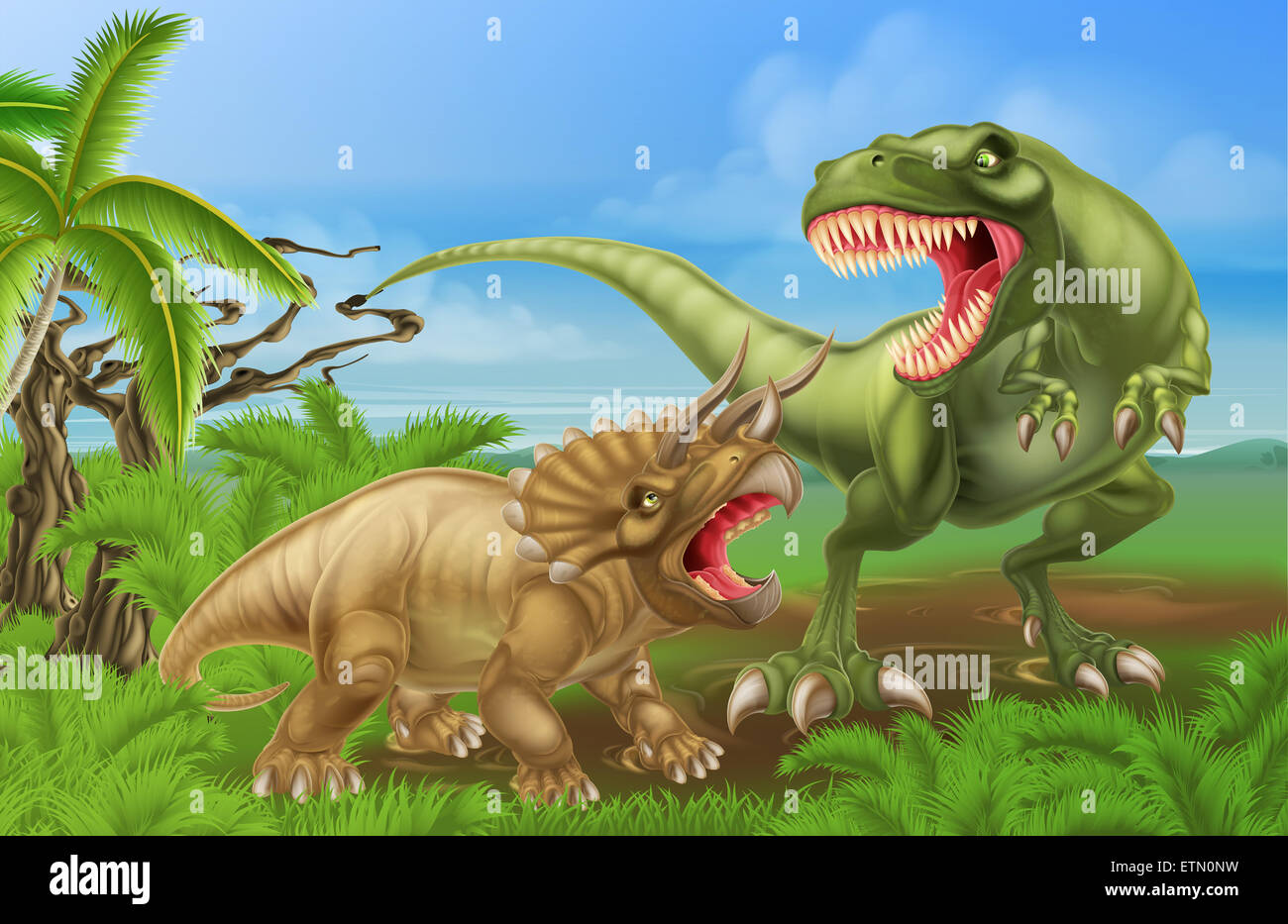 Un tyrannosaurus rex ou T Rex dinosaure triceratops et scène de combat