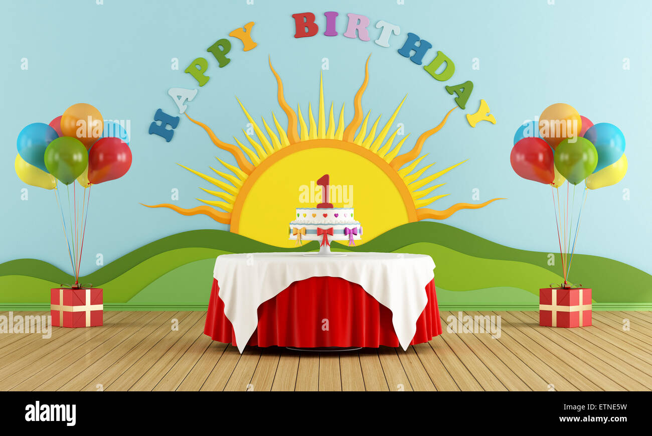 Table Ronde D Anniversaire Avec Gateau Et Avec Une Decoration Coloree Sur Le Mur Le Rendu 3d Photo Stock Alamy