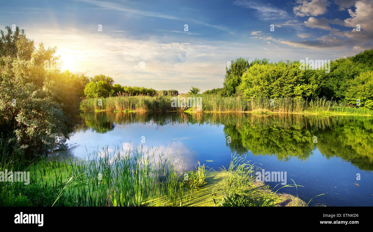 Soleil du soir sur la rivière au printemps Banque D'Images