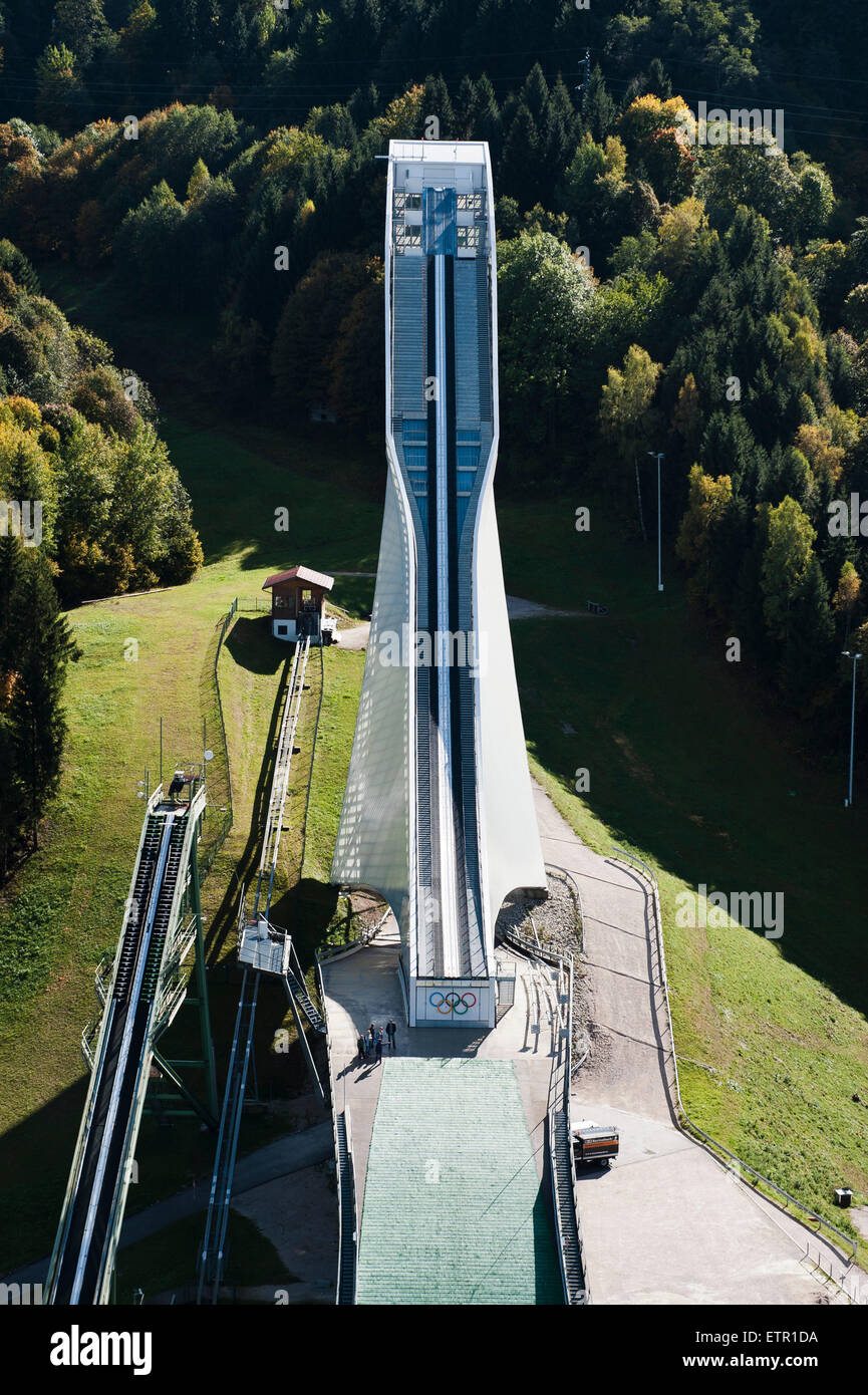 Stade de saut à ski, ski, sport, Gudiberg, Bavaria, vue aérienne, de Werdenfels, Garmisch-Partenkirchen, hautes terres, Haute-Bavière, Banque D'Images