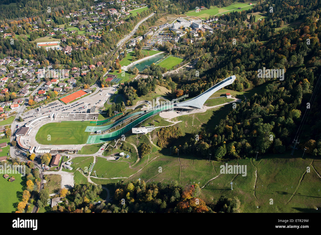 Stade olympique de saut à ski, ski, sport, stade, Gudiberg, Bavaria, aérienne, de Werdenfels, Garmisch-Partenkirchen, hautes terres, Banque D'Images