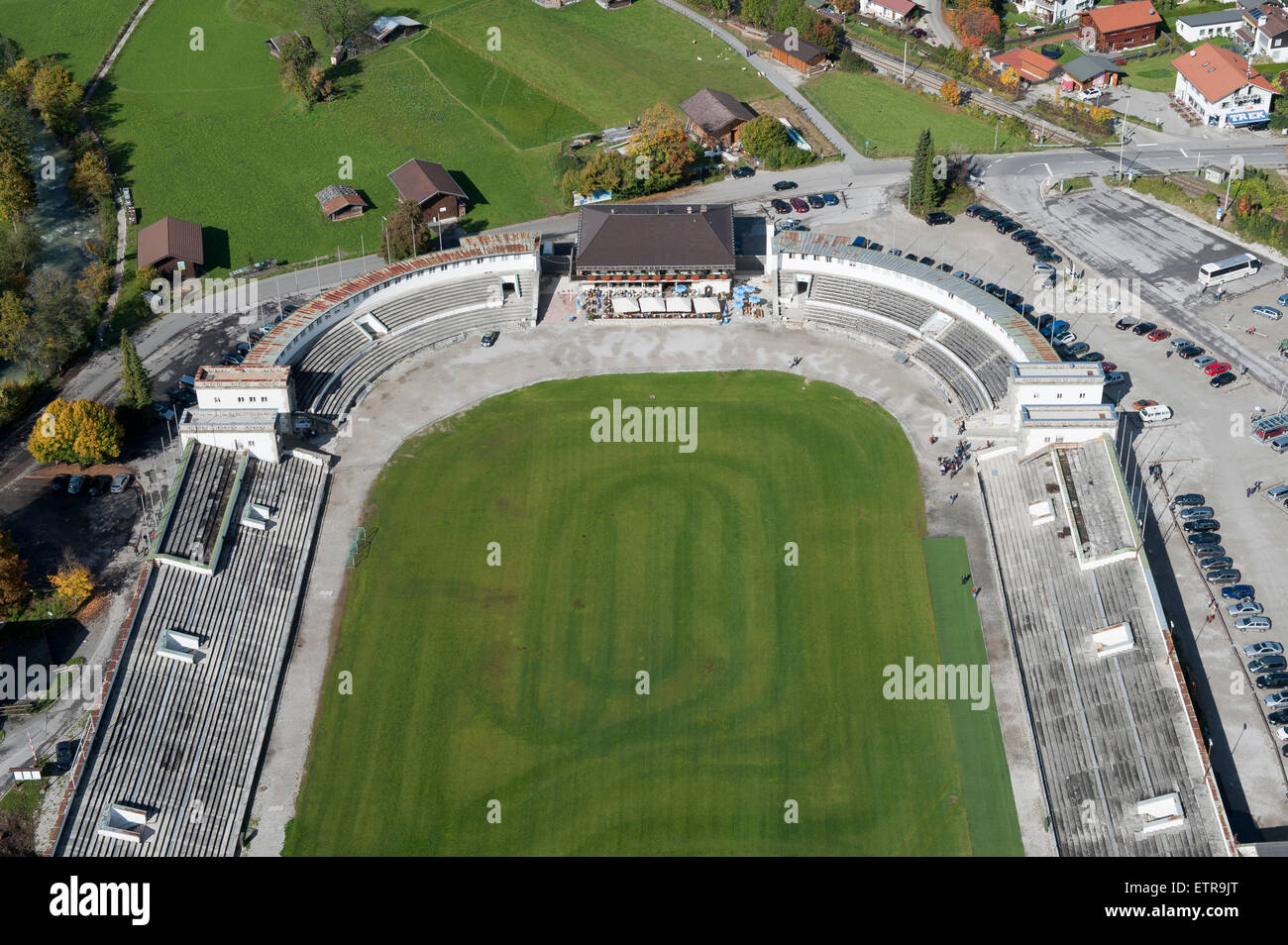 Stade de saut à ski, ski, sport, Gudiberg, Bavaria, vue aérienne, de Werdenfels, Garmisch-Partenkirchen, hautes terres, Haute-Bavière, Banque D'Images