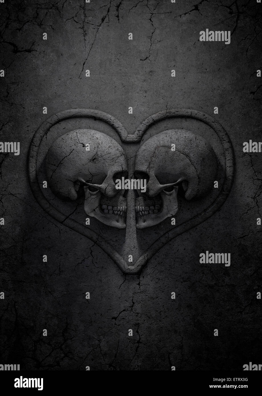 Valentine gothique rendu 3D, des crânes en pierre formant coeur Banque D'Images