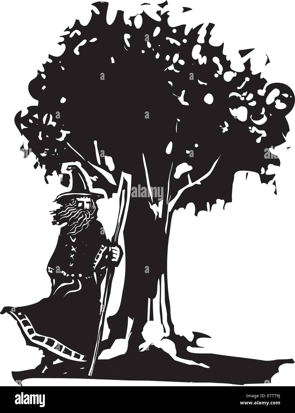Image style gravure sur bois d'un assistant debout à côté d'un chêne. Illustration de Vecteur