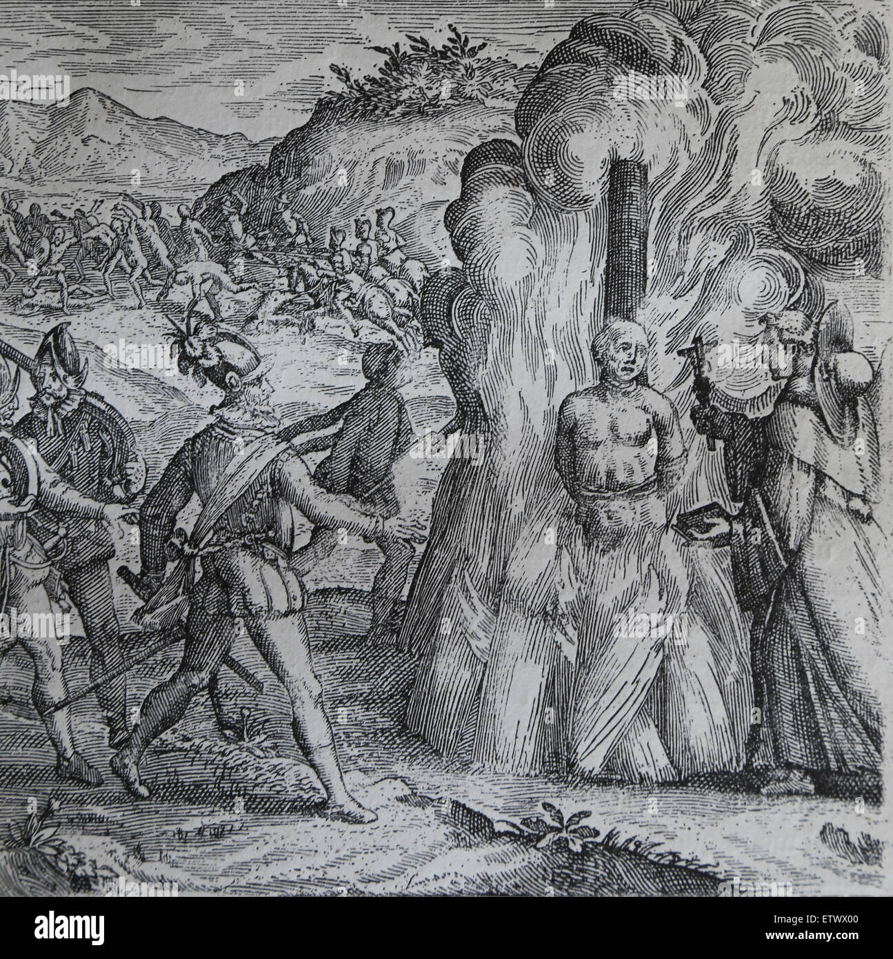 Bartolomé de las Casas, la destruction des Indes. Chef taïno Hatuey sont brûlés par des soldats espagnols. Banque D'Images