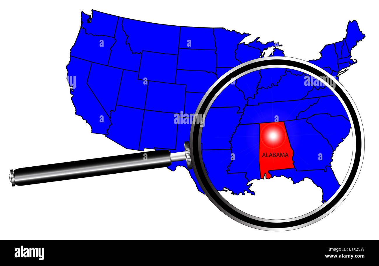 Aperçu de l'état de l'Alabama L'encart situé en une carte des États-Unis d'Amérique avec loupe Banque D'Images
