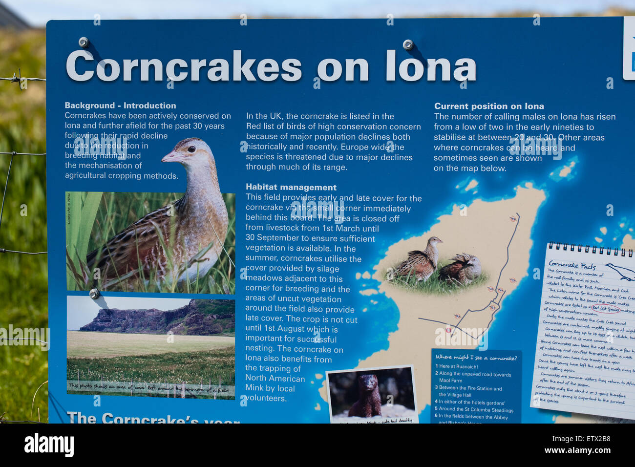 Signe d'information concernant la gestion de présence et de terres agricoles sur Iona pour Corncrakes (Crex crex), pour les touristes, les visiteurs. Banque D'Images