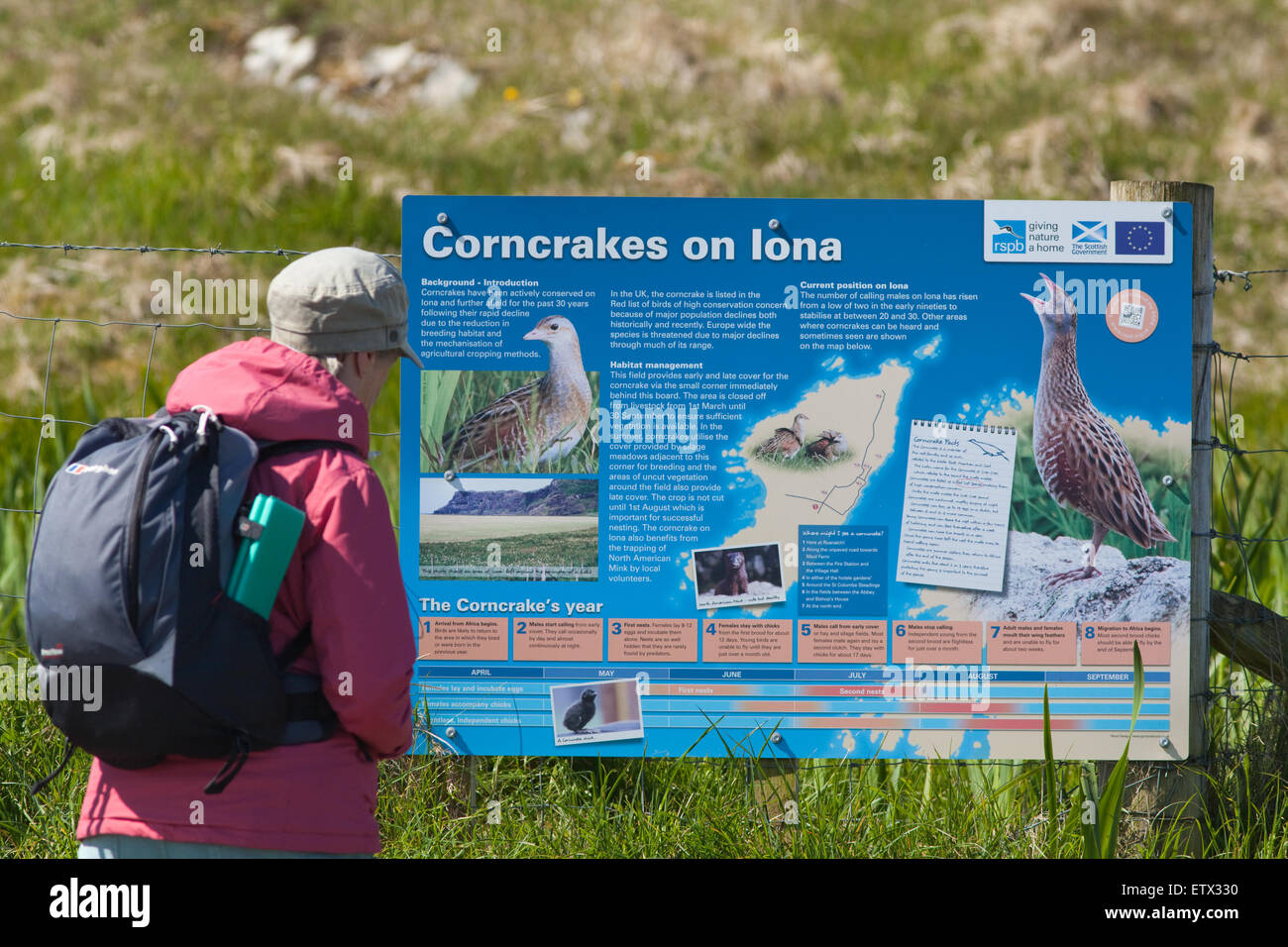 Signe d'information concernant la gestion de présence et de terres agricoles sur Islay sur Corncrakes (Crex crex), pour les touristes, les visiteurs. Banque D'Images
