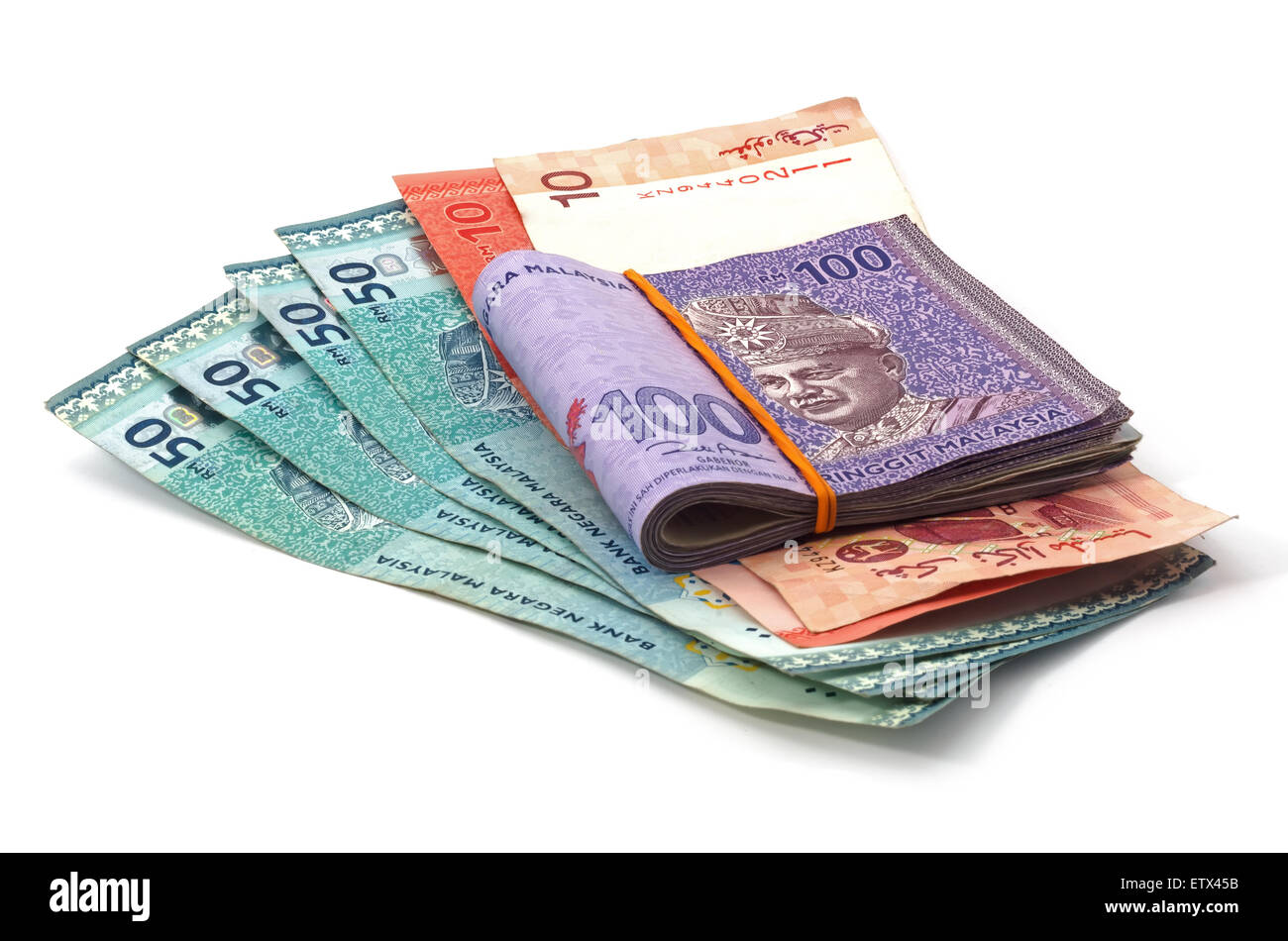 Monnaie malaisienne 10,50 et 100 ringgit Banque D'Images