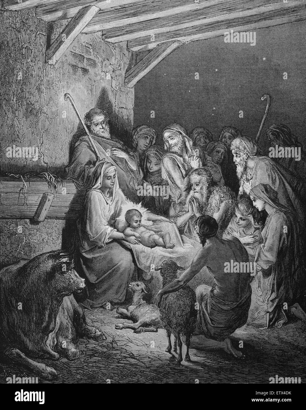 La nativité. Luc 2:16. Gravure de Gustave Dore. 19e siècle. Banque D'Images