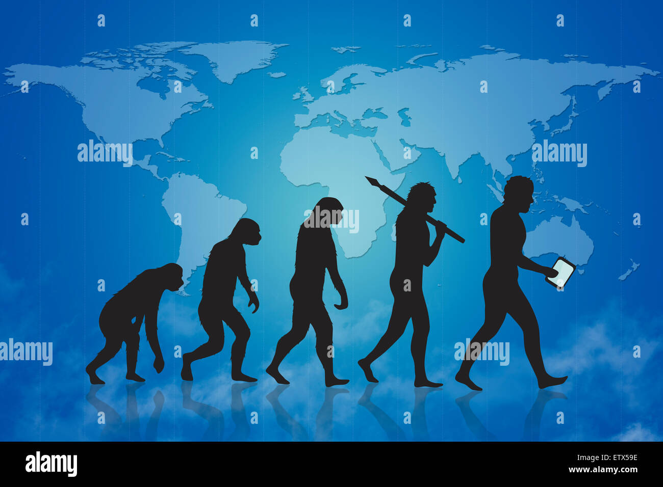Evolution à partir de singes de l'homme moderne et au-delà de l'homme numérique - digital people - homme avec smart device Banque D'Images