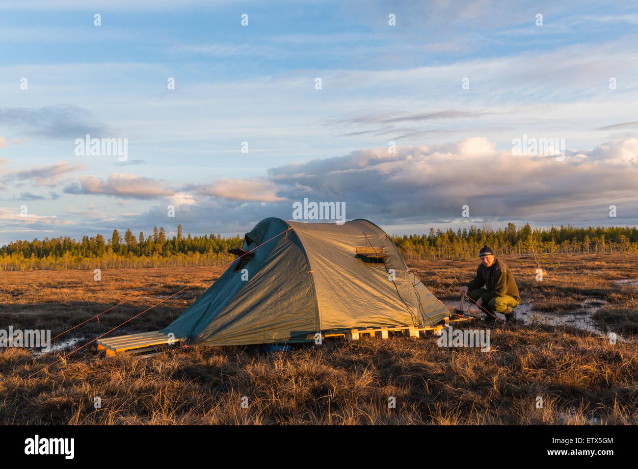 Homme, 60-65 ans, de mettre en place sa peau et la préparation pour la photographie, dans la région de Norrbotten, Suède Banque D'Images