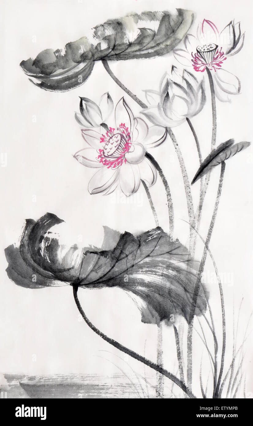Fleur de Lotus de l'aquarelle sur papier de riz, d'œuvres d'art originales, de style asiatique Banque D'Images