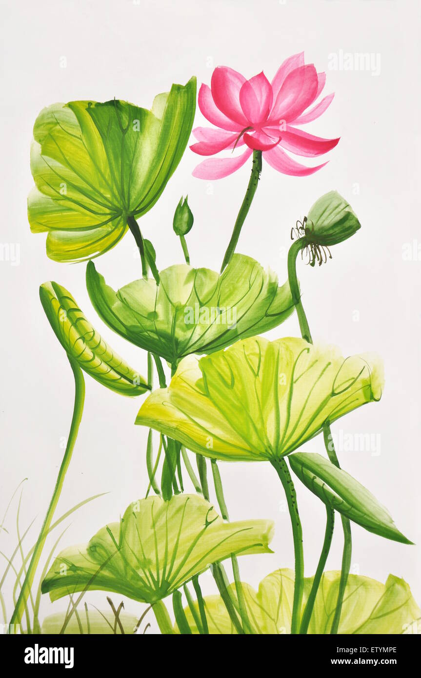 Fleur de Lotus de l'aquarelle sur papier de riz, d'œuvres d'art originales, de style asiatique Banque D'Images