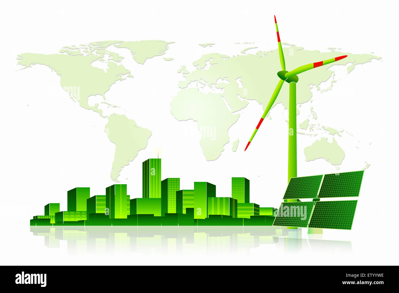 Concept de panneau solaire et éolienne avec Cityscape sur la carte du monde. Banque D'Images