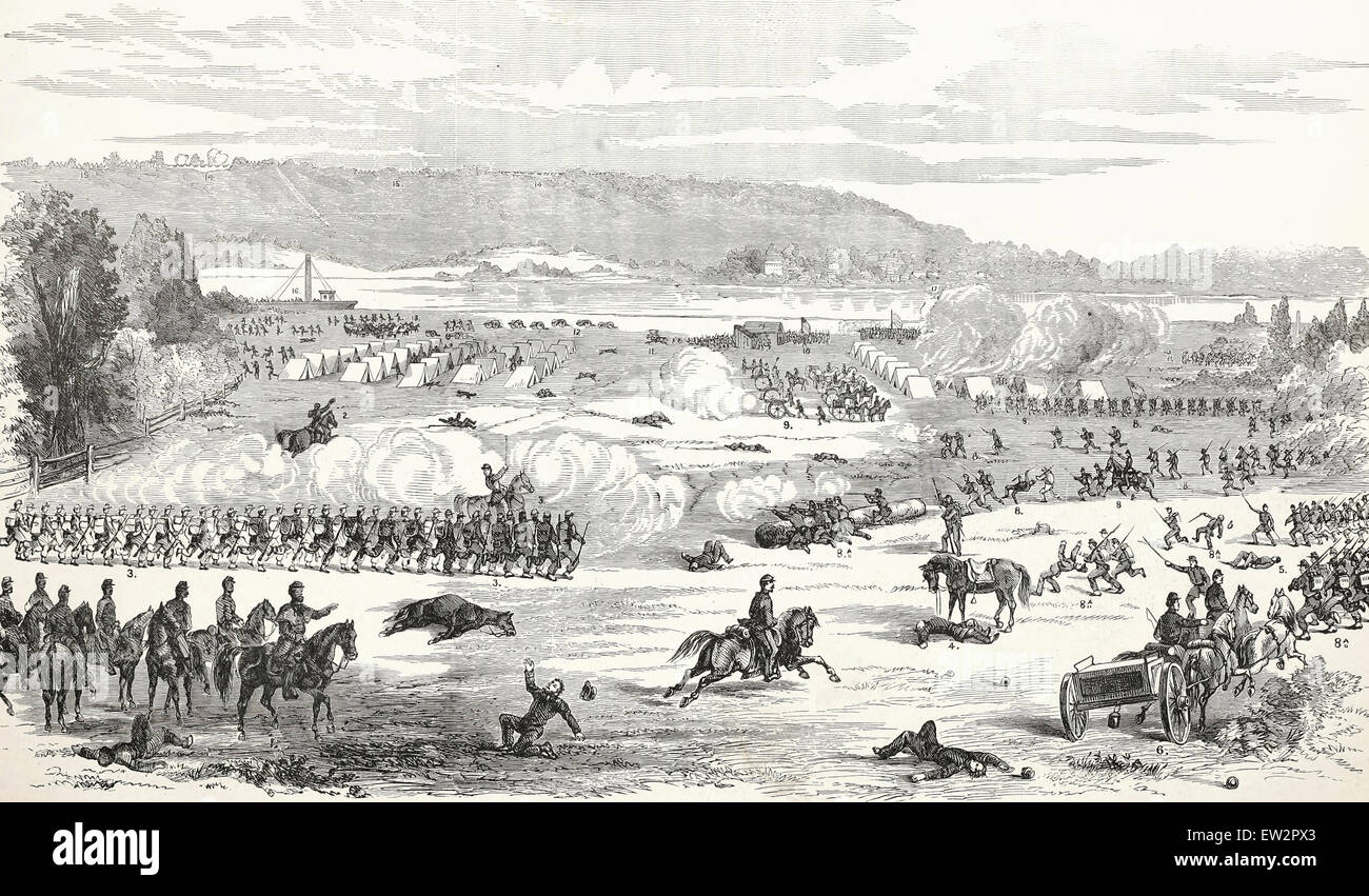 Bataille de Belmont, en face de Columbus, Mississippi Missouri, Novembre 7th, 1861 - L'armée fédérale commandé par U S'accorder, les forces confédérées par Leonidas Polk, guerre civile USA Banque D'Images