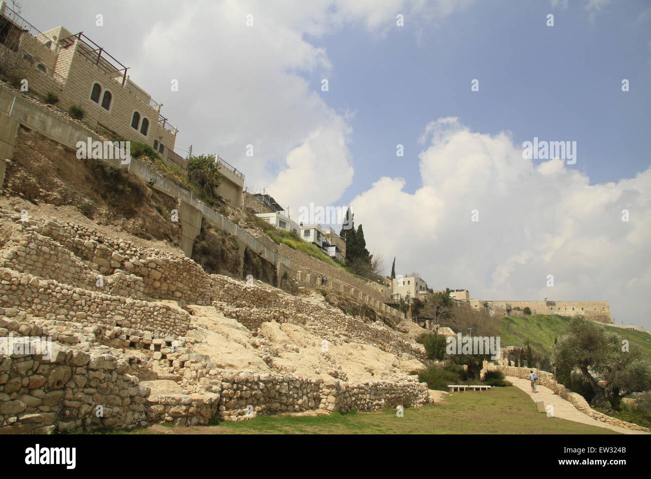 Israël, Jérusalem, la ville de David Parc National dans le quartier de Silwan, mont du Temple est à l'arrière-plan Banque D'Images