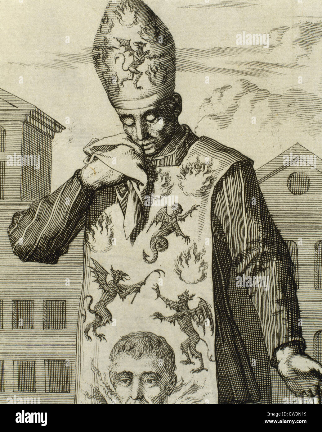 Hérétique condamné avant l'Inquisition portant un samarra. La gravure. 1692. Banque D'Images