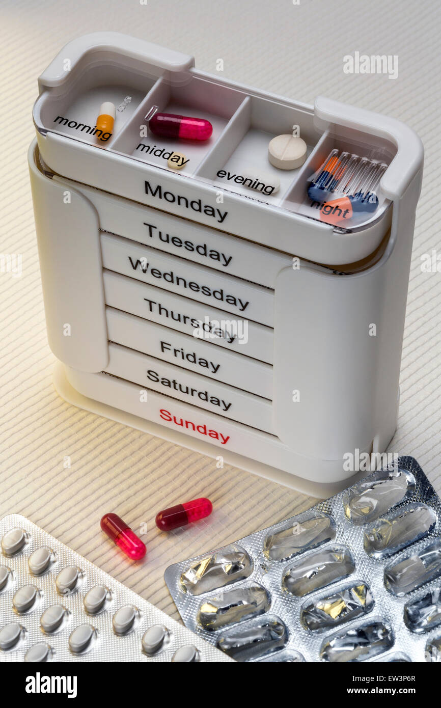 Traitement médical - médicaments à prendre par jour, le matin, midi, soir et nuit. Banque D'Images