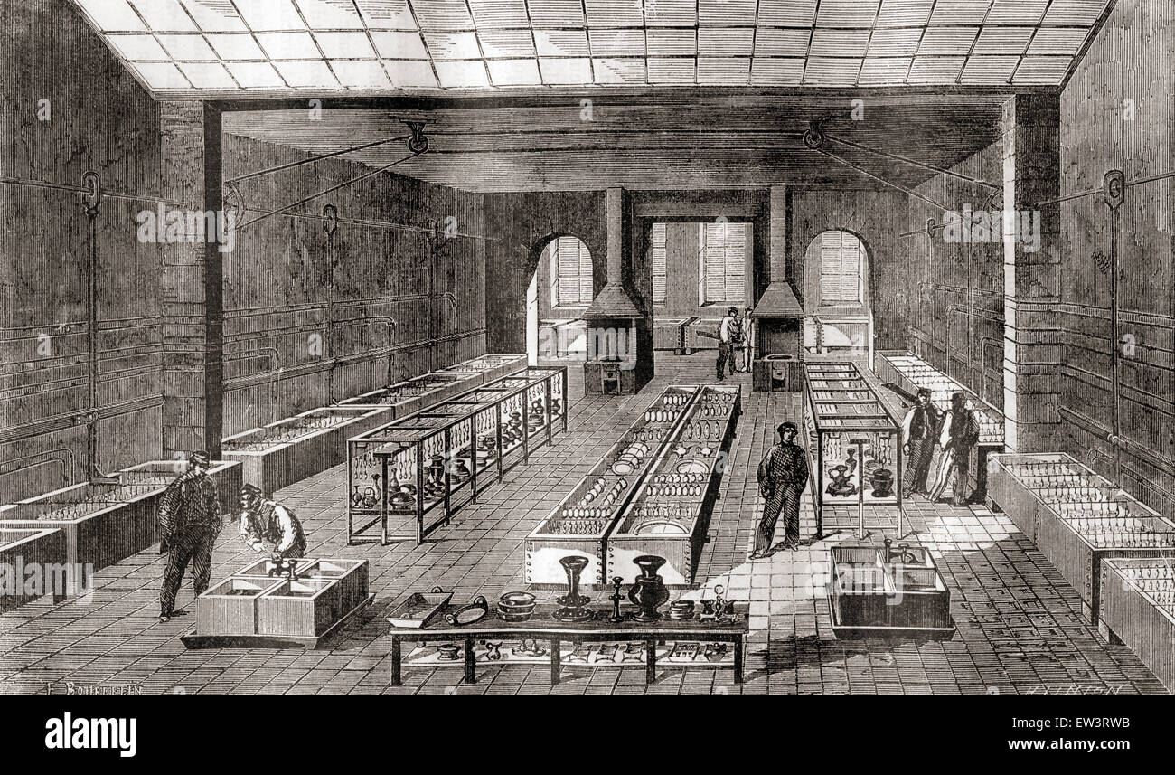 L'atelier contenant les bains chimiques dans Charles Christofle, galvanoplastie, Paris, France en 1867. Banque D'Images