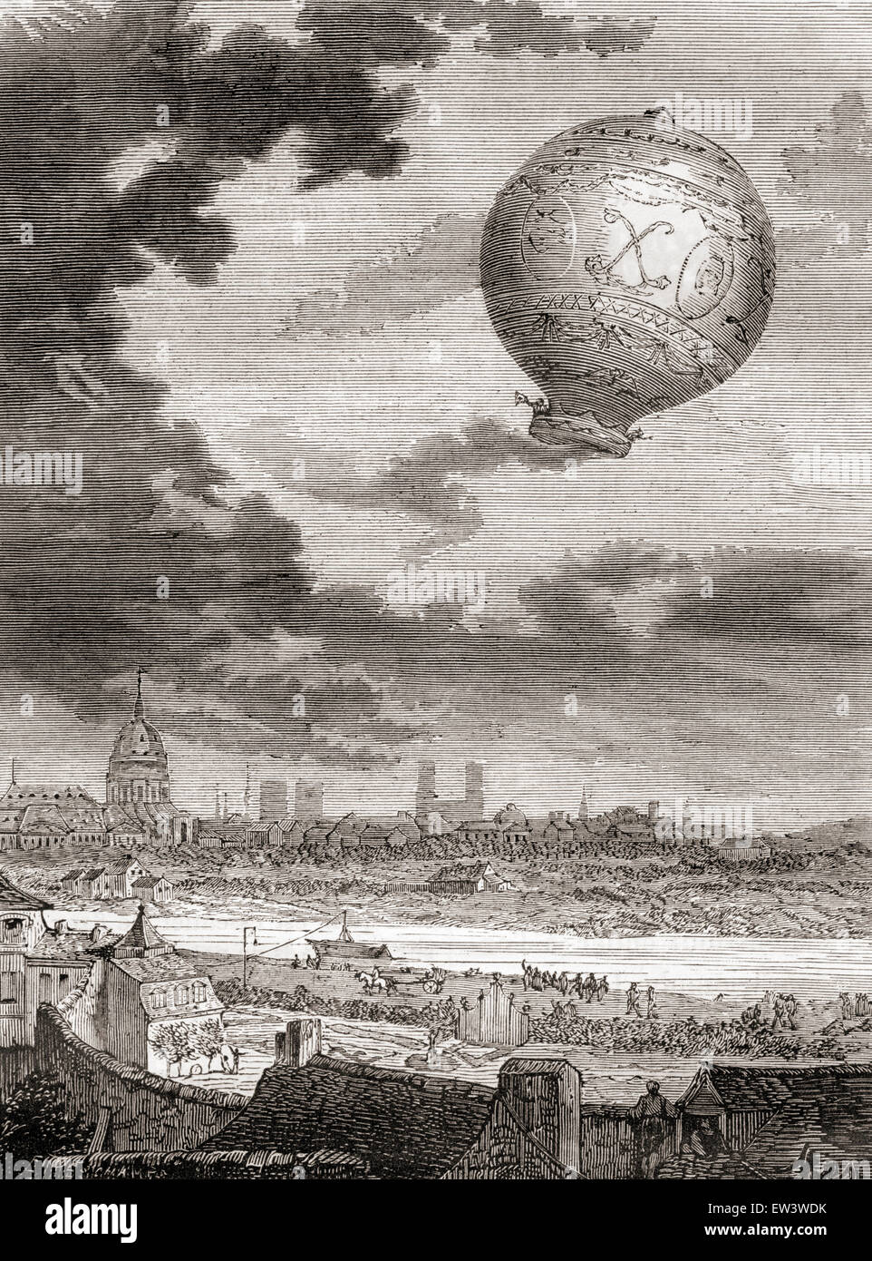 Le premier vol en ballon sans attache, par Jean-François Pilâtre de Rozier et le Marquis d'Arlandes, le 21 novembre 1783 dans un ballon Montgolfier. Banque D'Images