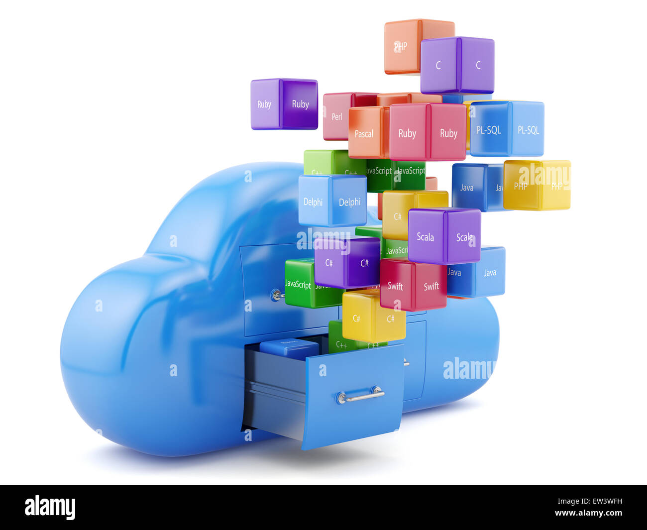 Concept de programmation. Code machine différentes boîtes colorées langues isolé sur fond blanc Banque D'Images