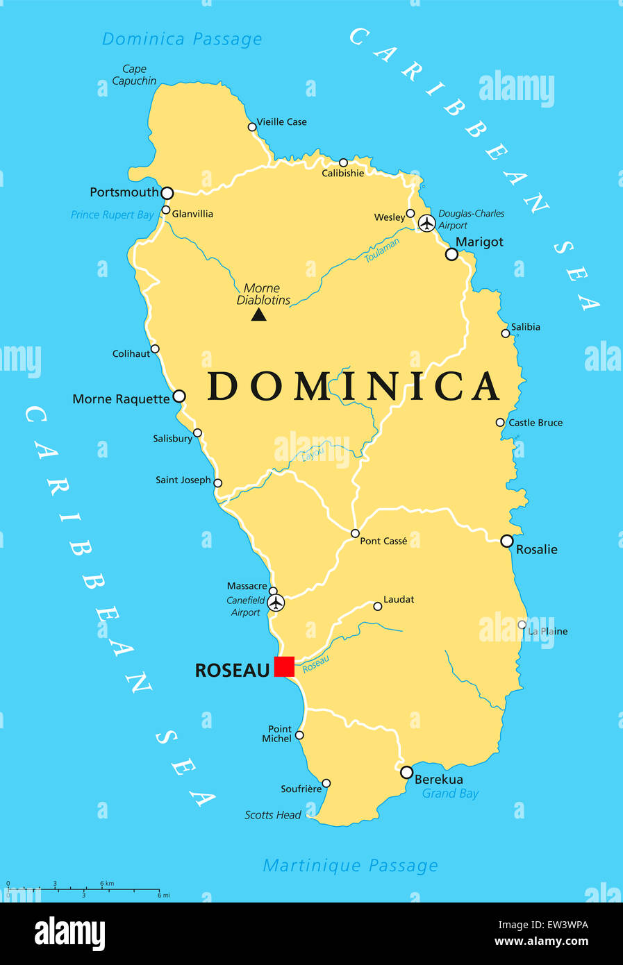 Carte politique de la Dominique avec capitale Roseau et les lieux importants. Banque D'Images