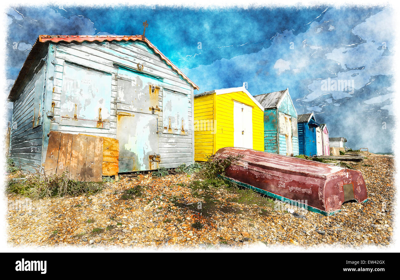 Une rangée de cabines colorées sur une plage de galets à St Leonards On Sea à Hastings, East Sussex Banque D'Images