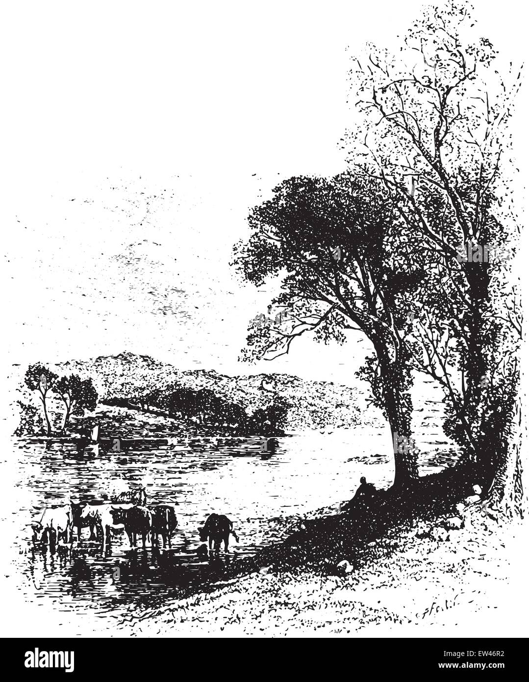 Les bords de la rivière Necker, vintage engraved illustration. De : Chemin des ecoliers, 1861. Illustration de Vecteur