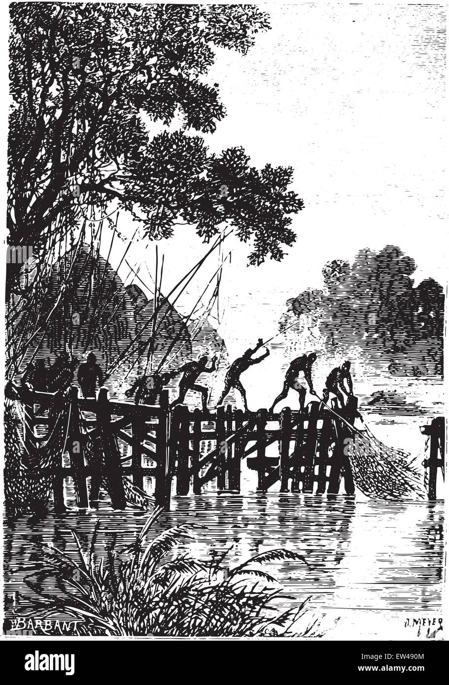 Les indigènes, cependant, rapidement transporté leurs filets, vintage engraved illustration. Illustration de Vecteur