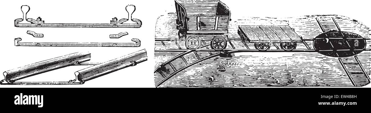 Fig No- 170- vue d'installation de la voie, rails et traverses, système Paupier, Fig No- 171 Vagonnet et le moyeu, vintage engraved il Illustration de Vecteur