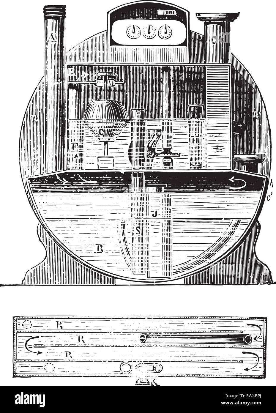 Mètre de niveau d'eau constant, vintage engraved illustration. Encyclopédie industrielle E.-O. Lami - 1875. Illustration de Vecteur