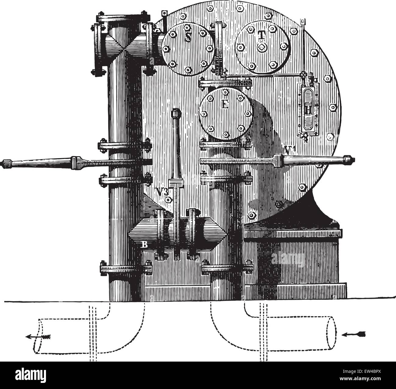 L'usine de compteurs vu de derrière avec trois distributeurs disponibles pour former le bypass, vintage engraved illustration. Enc industrielle Illustration de Vecteur