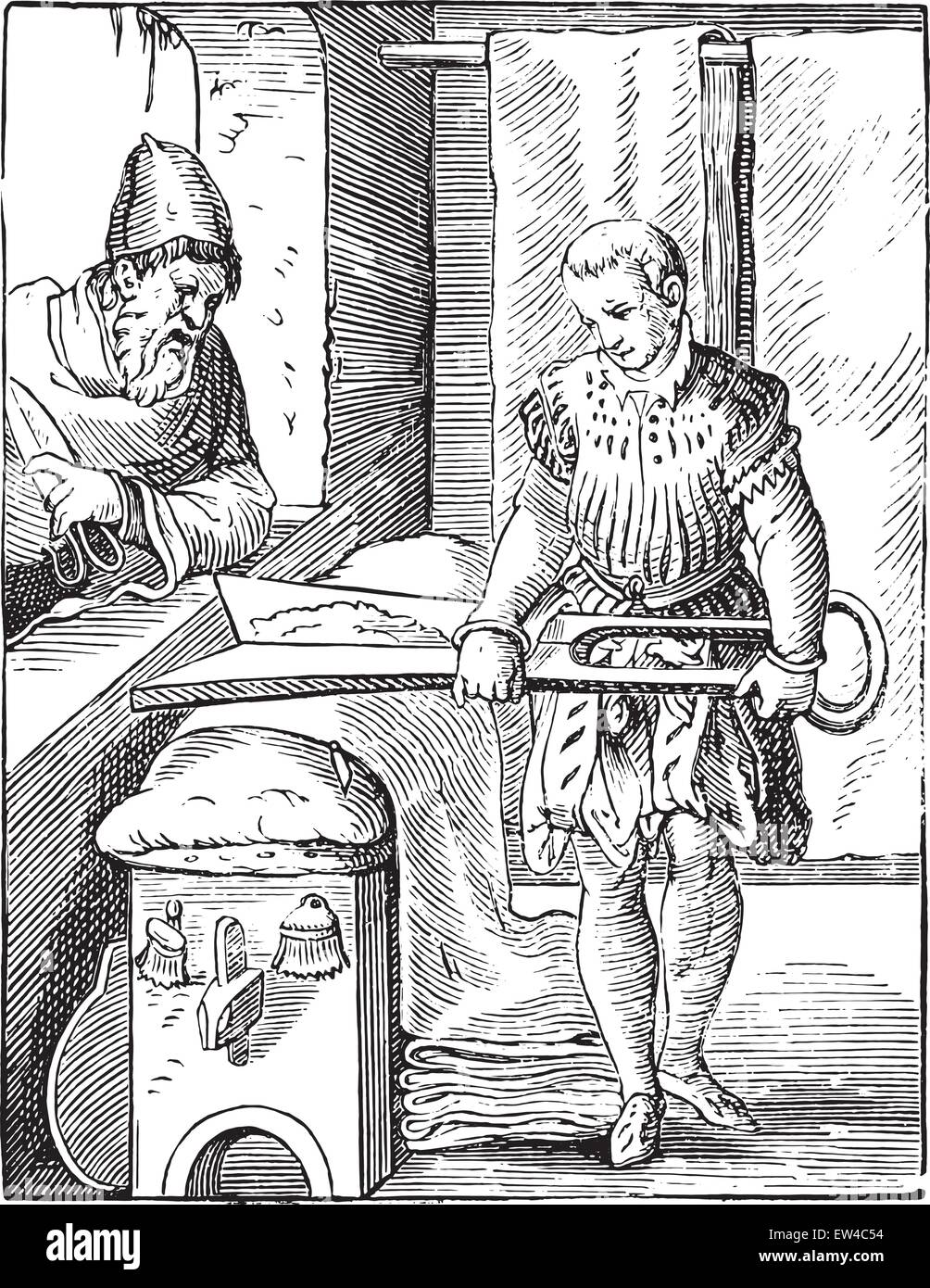 Le tablier dans le seizième siècle, après une gravure de l'époque, vintage engraved illustration. Encyclopédie industrielle E.-O Illustration de Vecteur