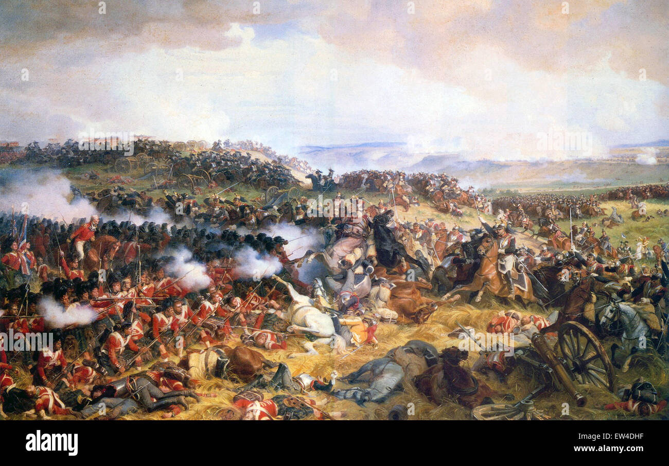 Charge de cuirassiers français sur le carré britannique pendant la bataille de Waterloo. Banque D'Images