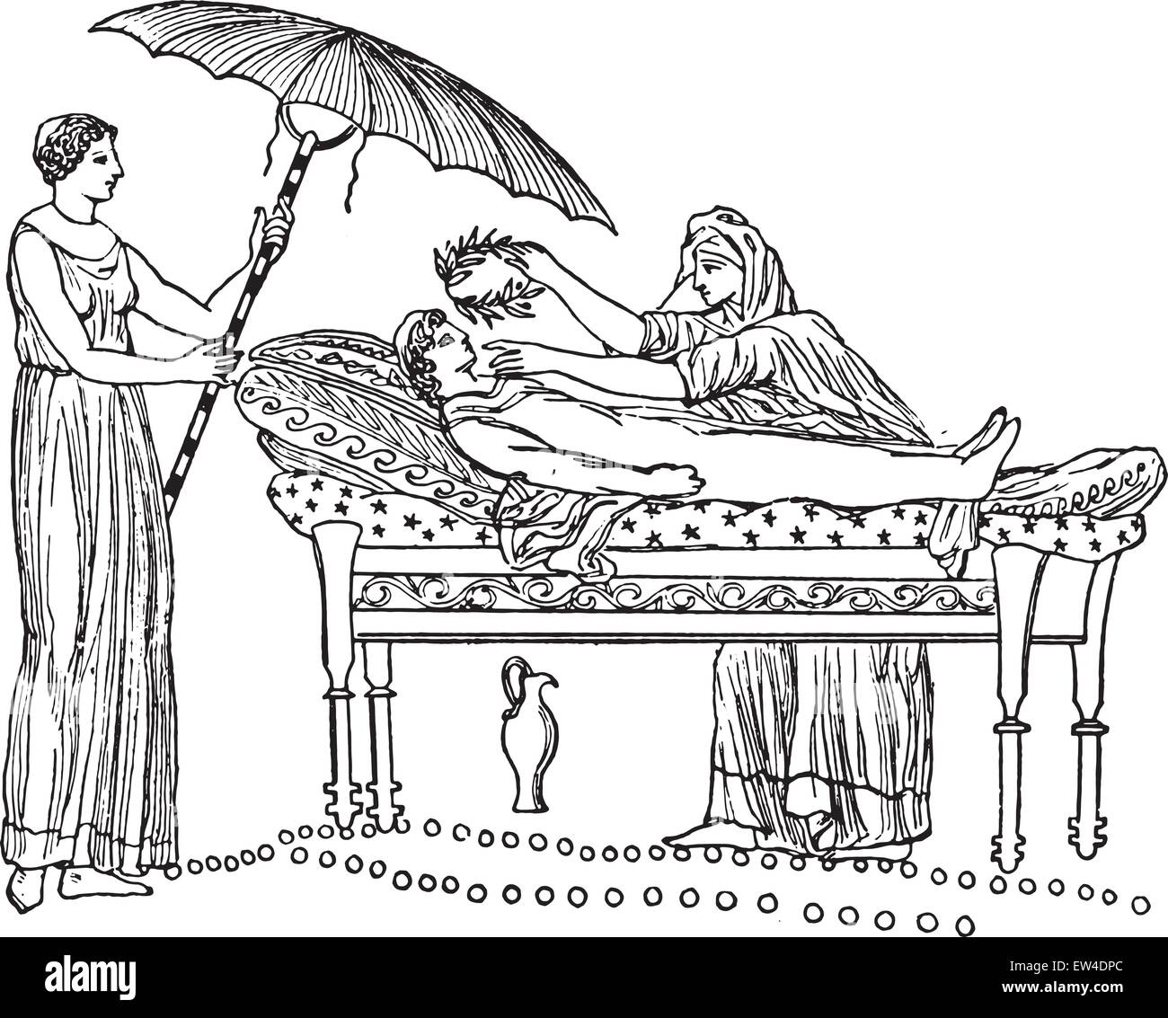 Lit funéraire grec, vintage engraved illustration. Illustration de Vecteur