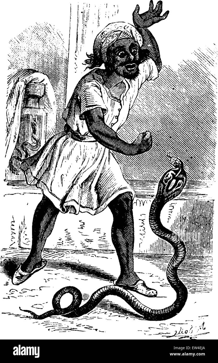 Charmeur de serpent. vintage engraved illustration. À partir de la vie dans la nature, 1890. Illustration de Vecteur