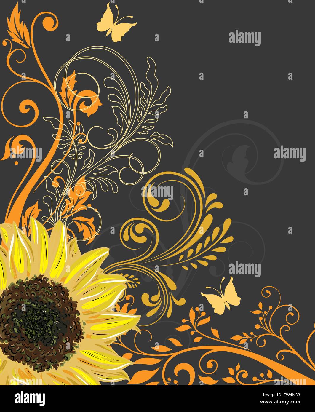 Carte d'invitation Vintage Retro élégant décoré abstract floral design, jaune et orange, les fleurs et les feuilles sur le noir backgrou Illustration de Vecteur