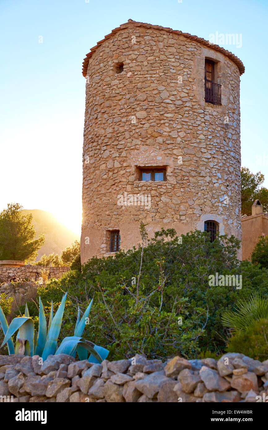 Javea Xabia el molins au coucher du soleil méditerranéen en Espagne à Alicante Banque D'Images