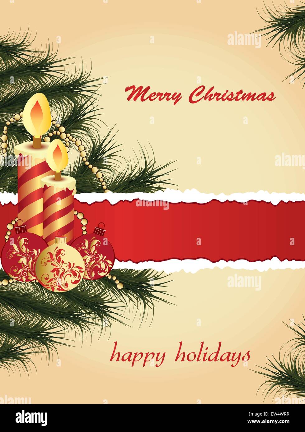 Carte de Noël Vintage rétro élégant décoré abstract floral design, bougies à rayures avec des boules avec des fleurs rouge et or un Illustration de Vecteur