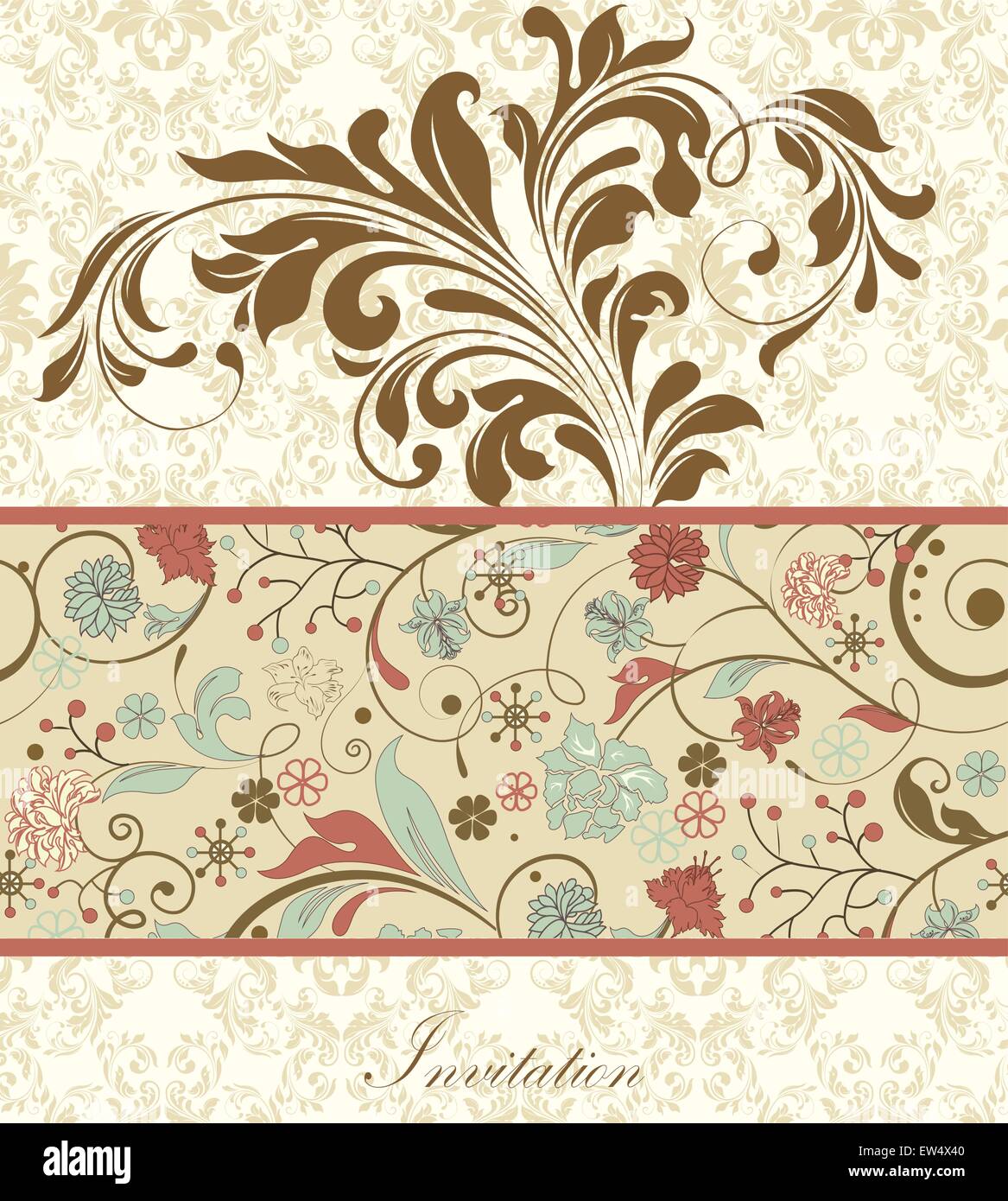 Carte d'invitation Vintage Retro élégant décoré abstract floral design, multi-couleur des fleurs et des feuilles sur l'or pâle et crier Illustration de Vecteur